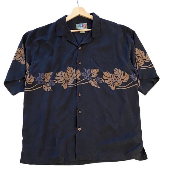 The Hawaiian Original Silk 1960's Hibiscus Black Coastal Vacation Button Shirt - Picture 1 of 6